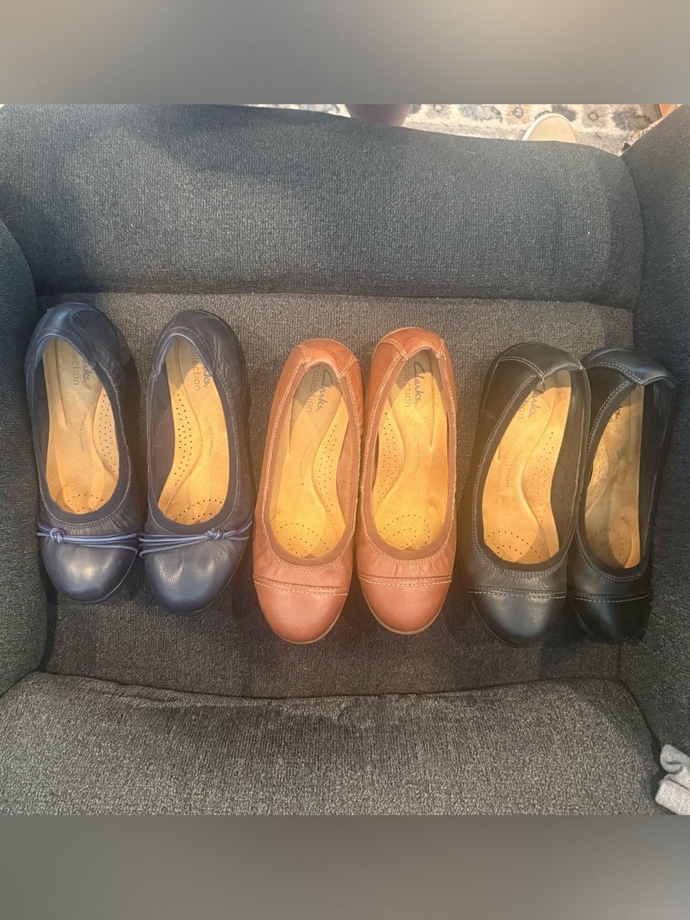 Clarks Women's Navy, Tan & Black Leather Ballet Flats Trio